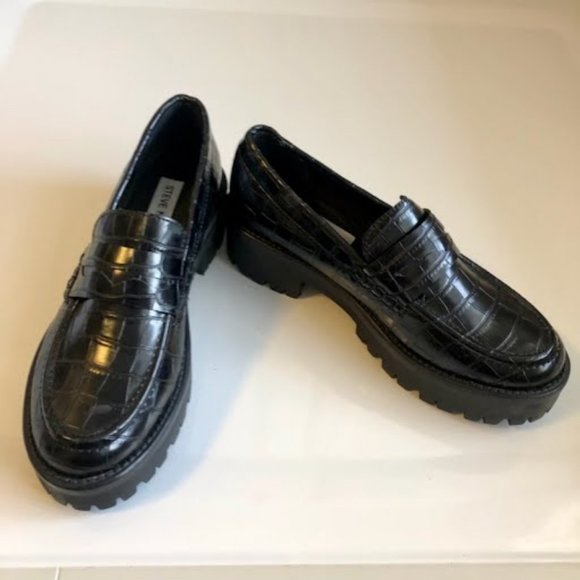 New STEVE MADDEN Crew Black Crocodile Leather Penny Loafer SZ 5.5 - Picture 3 of 7